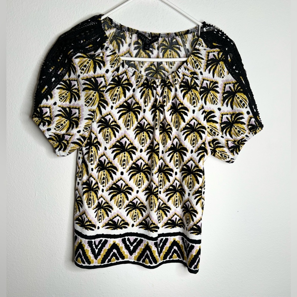 FRED DAVID Palm Print Womens Shirt blouse Short Size M, Multicolor